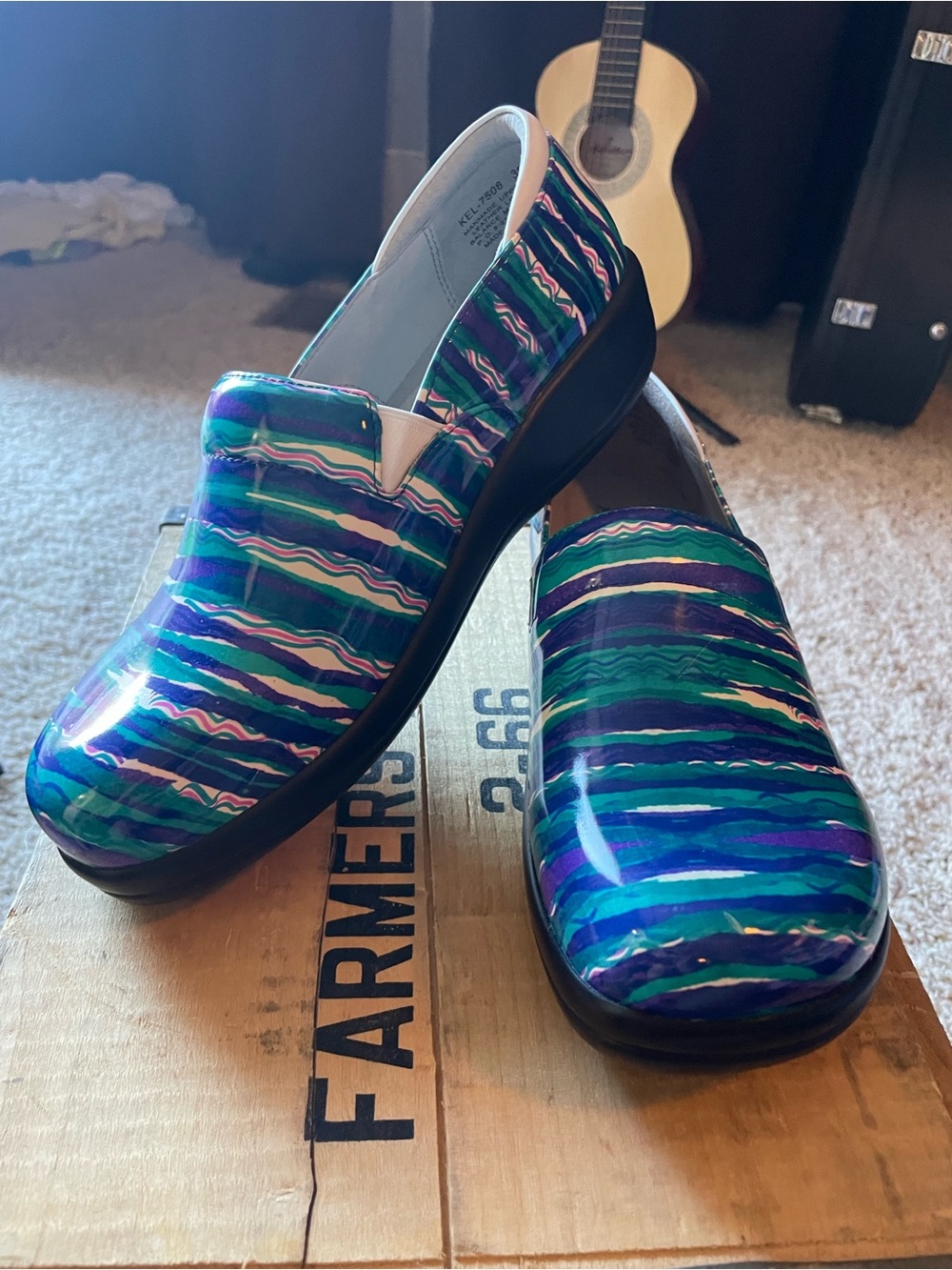 ALEGRIA Women’s Slip-On Clog in Blue-Green-Purple Stripes Size 39